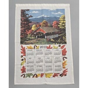 Kay Dee 2010 Calendar Tea Towel Autumn Covered Bridge Scenic Linen Blend 24x17